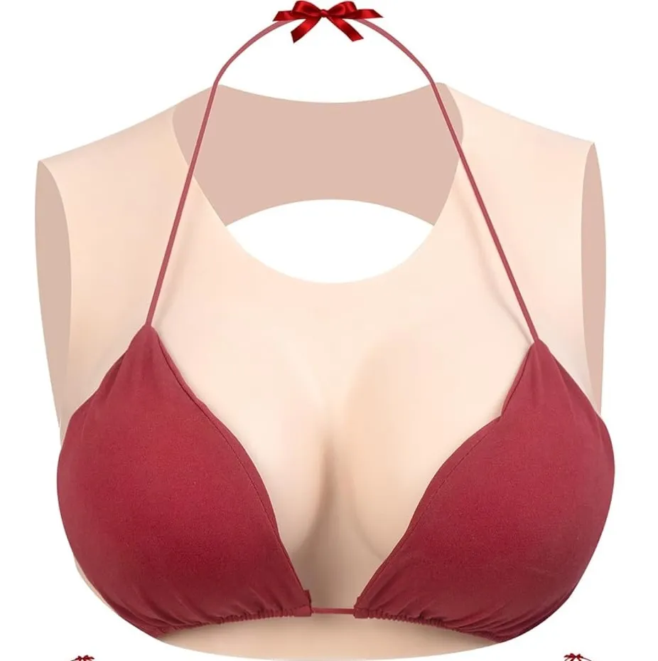 Silicone breast forms with neck cutaway